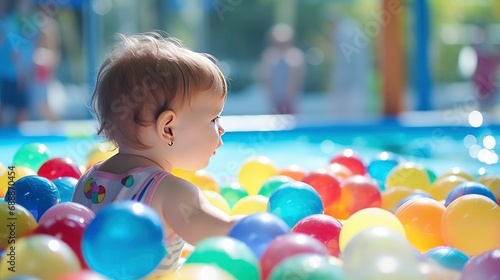 Child playing in pool. A toddler is playing in a ball pool. Concept for playground and children's happiness