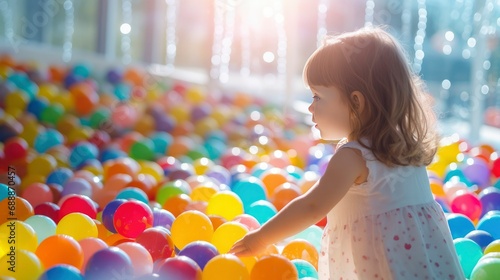 Child playing in pool. A toddler is playing in a ball pool. Concept for playground and children's happiness photo
