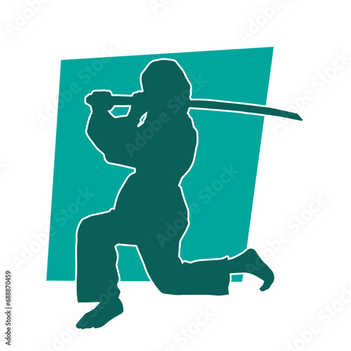 Silhouette of a female fighter in action pose carrying sword weapon.