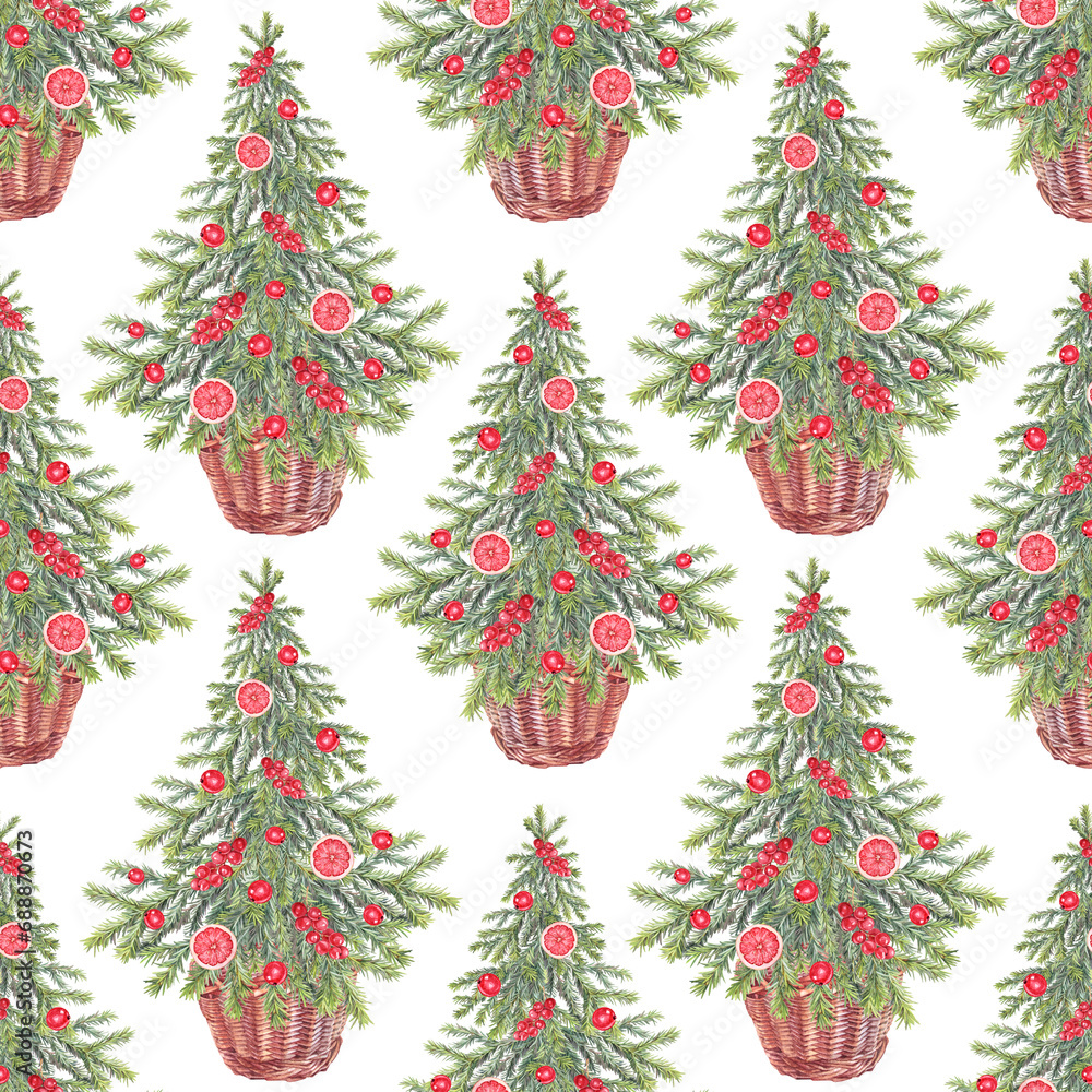 Obraz premium Seamless pattern with watercolor green christmas tree with red toys berries and grapefruit on white background. Forest evergreen fir or pine for sticker. Hand-drawn art for new year celebration