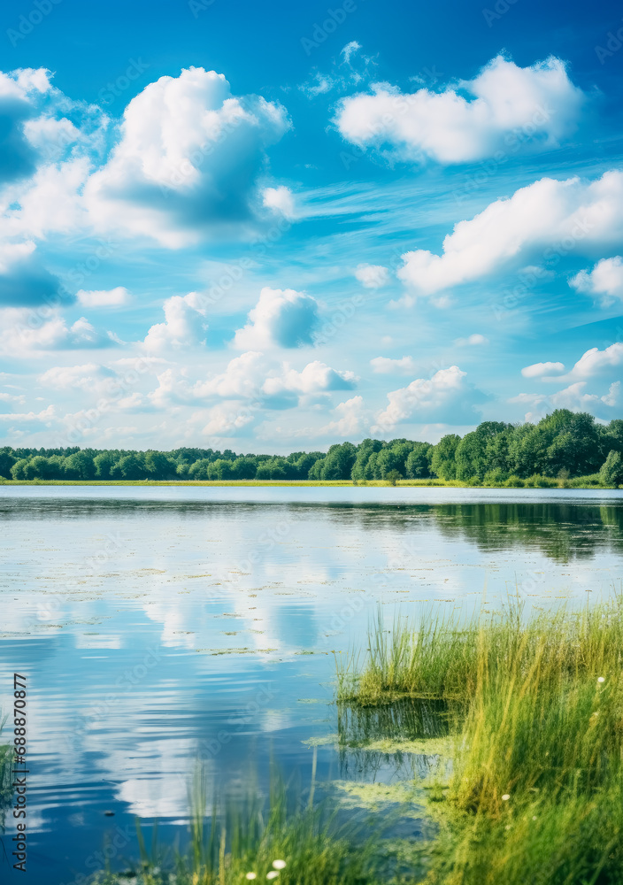 Obraz premium A view of a lake with clear water and clouds, trees in the background, nature landscapes, ethereal cloudscapes, Sky and clouds reflected in the lake.