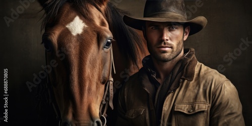 a handsome cowboy man wearing a cowboy hat next to a horse, generative AI photo