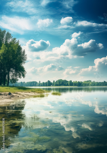 A view of a lake with clear water and clouds  trees in the background  nature landscapes  ethereal cloudscapes  Sky and clouds reflected in the lake.