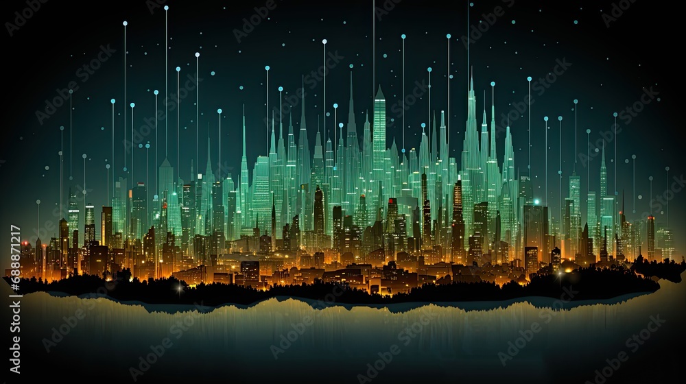 AI-generated illustration of a big data infographic on some aspect of a city, with a nighttime city view, lines and data points. MidJourney.