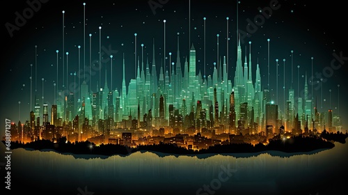 AI-generated illustration of a big data infographic on some aspect of a city, with a nighttime city view, lines and data points. MidJourney.