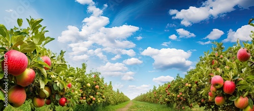 Sunny day in a blue sky apple orchard. photo