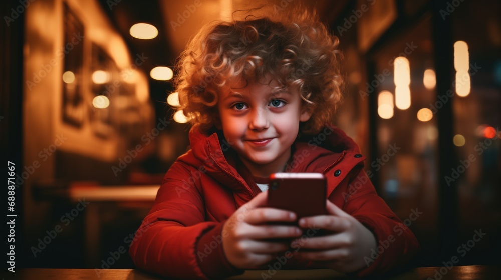A curly-haired child in a red jacket is smiling while holding a smartphone, warm indoor lighting, advertising family-friendly apps, children's communication tools, smart device accessories A curly-haired child in a red jacket is smiling while holding a smartphone, warm indoor lighting, advertising family-friendly apps, children's communication tools, smart device accessories