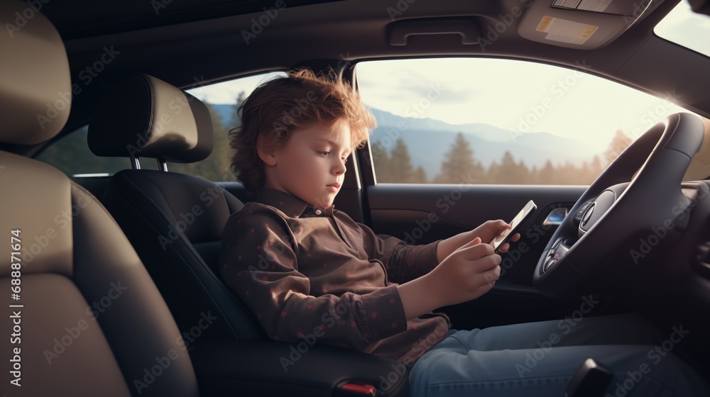 A young boy with wavy hair is absorbed in a smartphone while sitting in the driver's seat of a stationary car, with a scenic backdrop of mountains through the window.