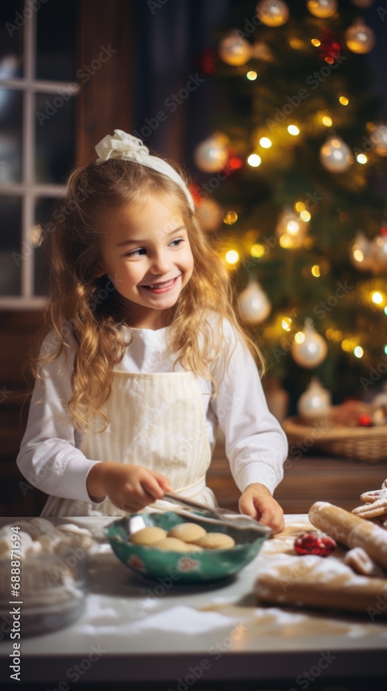 Happy funny little girl bakes christmas cookies on cozy kitchen at home