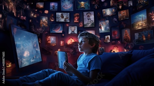 A boy lies in bed surrounded by imaginative art, holding a tablet, his face reflecting the screen's glow, suggesting a world of digital learning and entertainment, creative thinking and exploration