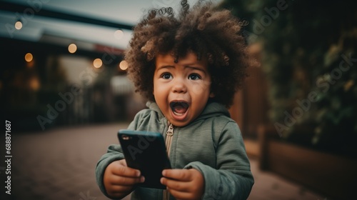 young child with curly hair appears shocked and excited while looking at a smartphone in an outdoor setting  candid moment that could represent modern children s engagement with digital devices.