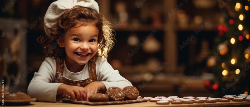 Happy funny little girl bakes christmas cookies on cozy kitchen at home - obrazy, fototapety, plakaty 