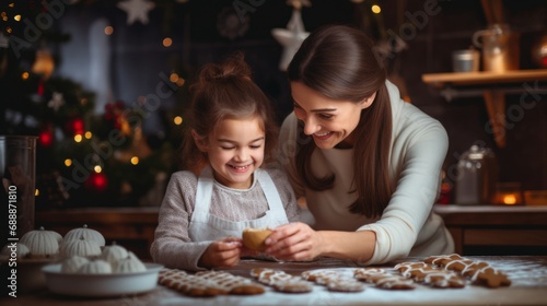 Happy funny little girl bakes christmas cookies on cozy kitchen at home