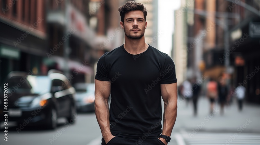 Fototapeta premium Male model in a classic black cotton T-shirt on a city street