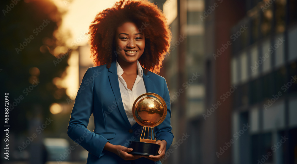 Une femme d'affaires afro souriante tenant un trophée, symbolisant la diversité et la reconnaissance - obrazy, fototapety, plakaty 