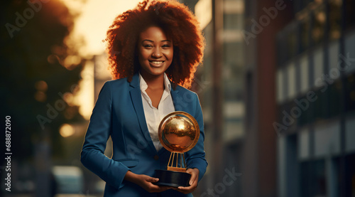 Une femme d'affaires afro souriante tenant un trophée, symbolisant la diversité et la reconnaissance