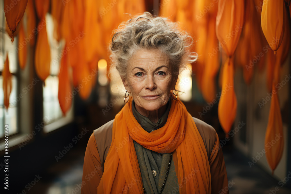 Mature lady in front of orange background