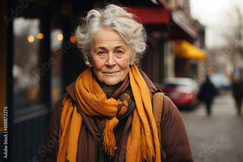 Old woman model with orange scarf standing on the street