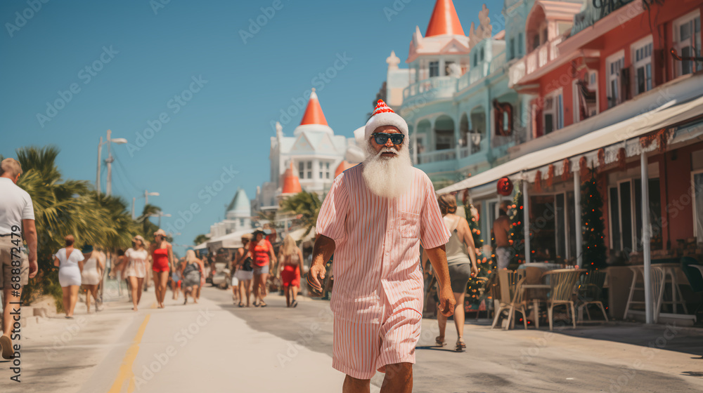 Santa walking down the street df coastal town - casual outfit - vacation - Christmas holiday - trip - festive travel 