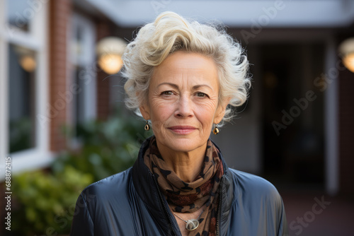 Elderly business woman standing in front of house