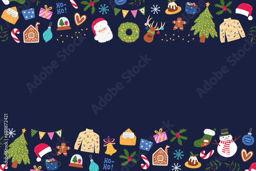 Cute Christmas party decoration collection. Seasonal rectangular banner concept design. New Year horizontal background with copy space. Festive colorful elements hand drawn flat vector illustration