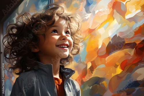 White little child in front of colourful background photo