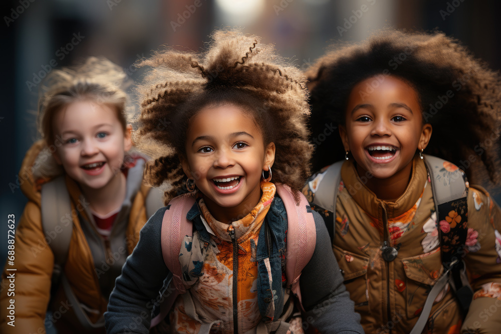 Three young smiling kids with backpacks