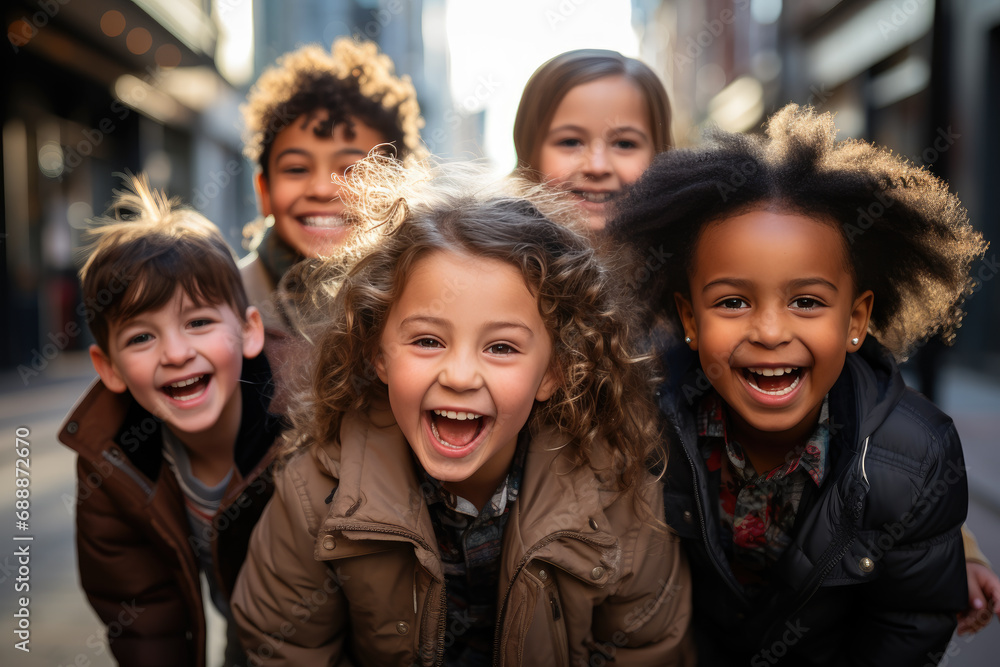 Portrait of multicultural child smiling and laughing on the street