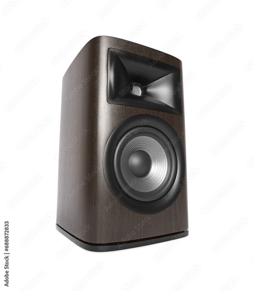 One wooden sound speaker on white background One wooden sound speaker on white background