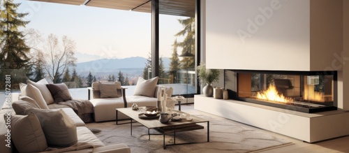 Gorgeous living space with fireplace in new luxury home, featuring a view.