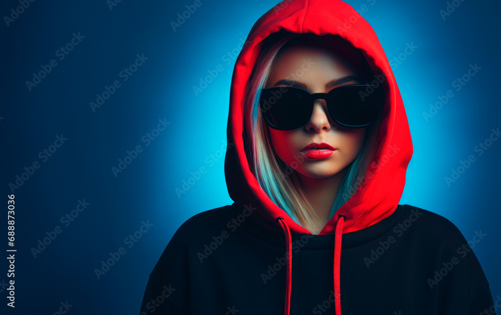 Trendy Ensemble: Blond Teenager Girl Rocks Black and Red Sweater, Completing the Look with Stylish Sunglasses for a Fashionable Outfit. Trendy Ensemble: Blond Teenager Girl Rocks Black and Red Sweater, Completing the Look with Stylish Sunglasses for a Fashionable Outfit.