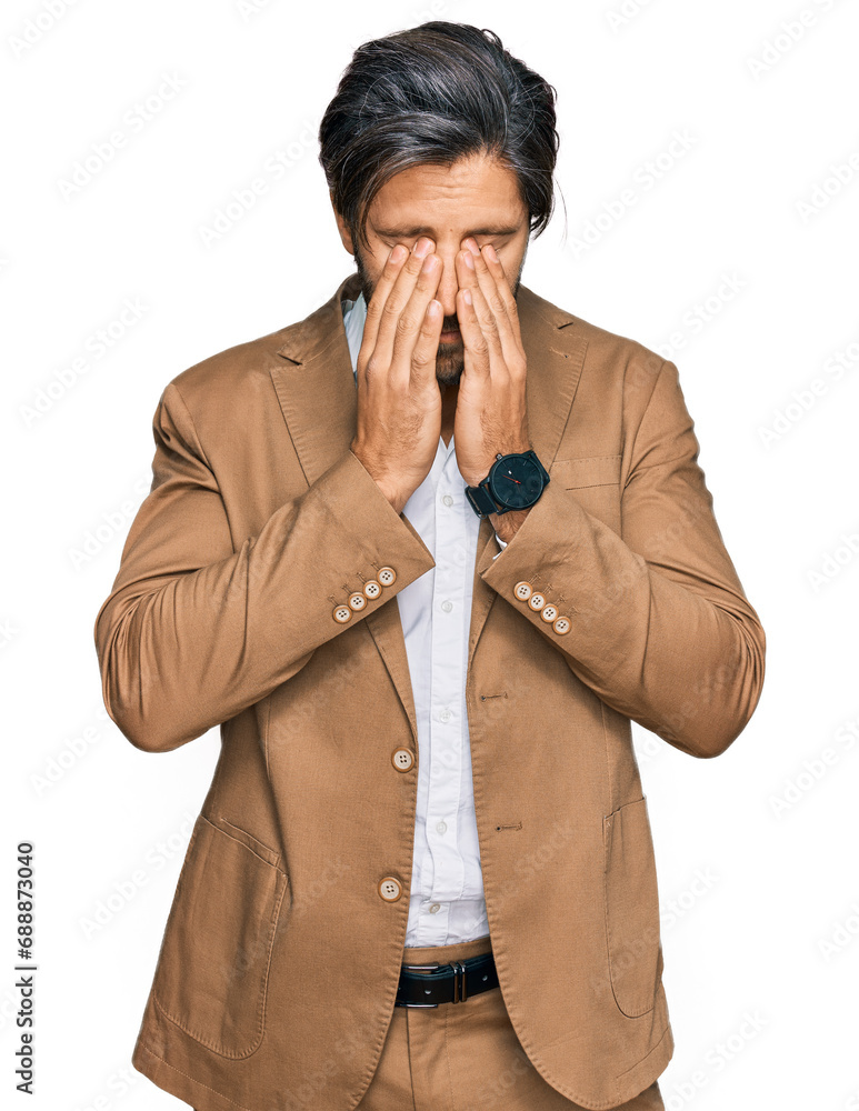 Young hispanic man wearing business clothes rubbing eyes for fatigue and headache, sleepy and tired expression. vision problem Young hispanic man wearing business clothes rubbing eyes for fatigue and headache, sleepy and tired expression. vision problem