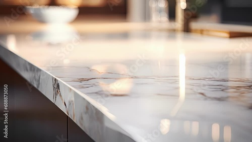 Up close shot of the polished marble countertops in the jets kitchen area, providing a touch of sophistication. photo