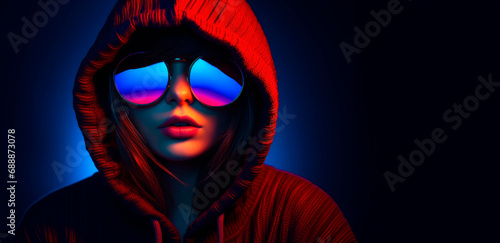 Stylish Teen: Black and Red Sweater Elevates Redhead Teenager Girl's Fashion Game, Sunglasses Adding a Touch of Cool and Confidence. Dark blue Background. Copy Space.