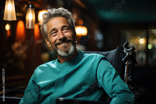 Handsome grey hair man sitting in his chair