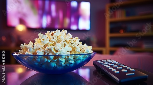 Cozy Movie Night. Popcorn Delight in Stylish Home Entertainment Setup photo