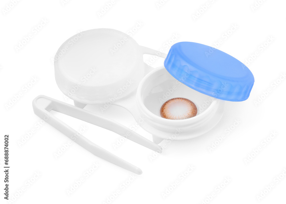 Case with color contact lenses and tweezers isolated on white Case with color contact lenses and tweezers isolated on white