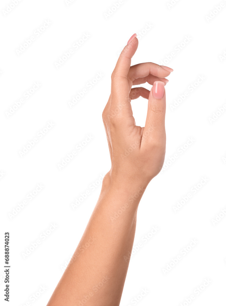 Woman showing hand with nude manicure on white background, closeup Woman showing hand with nude manicure on white background, closeup
