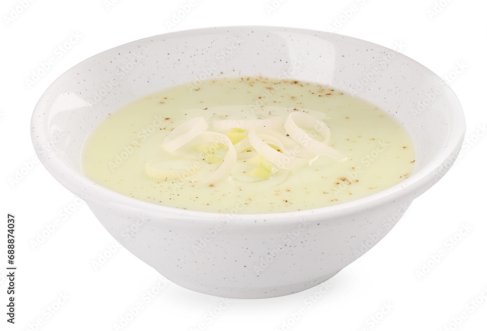 Bowl of tasty leek soup isolated on white Bowl of tasty leek soup isolated on white