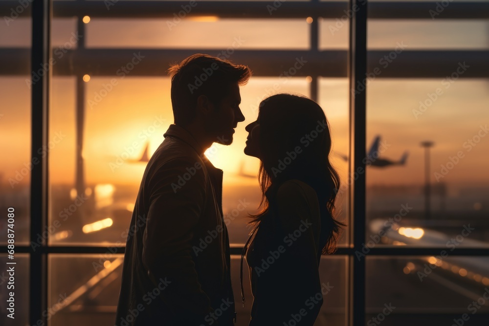 Airport Romance: A Couple Shares a Kiss Near the Window of an Airport Terminal, Watching Planes Take Off and Land as the Sun Sets in the Background.

