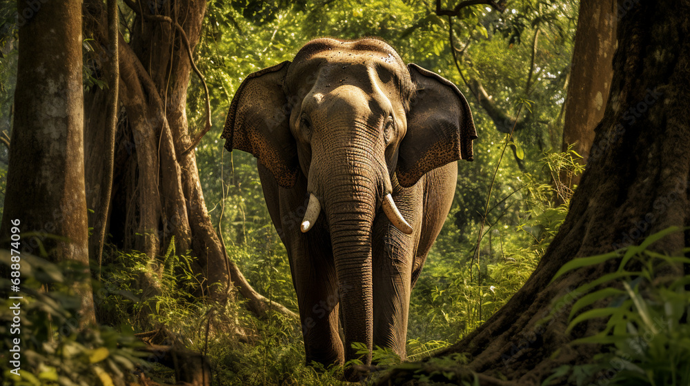 Wild elephant in the beautiful forest, AI Generative.