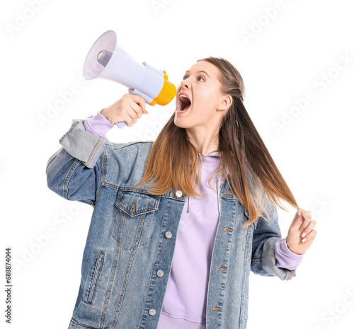 Young woman shouting into m...