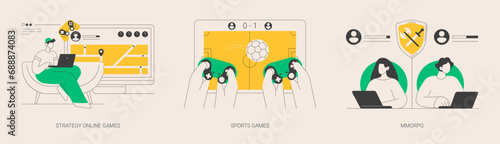 Playing computer games abstract concept vector illustrations.