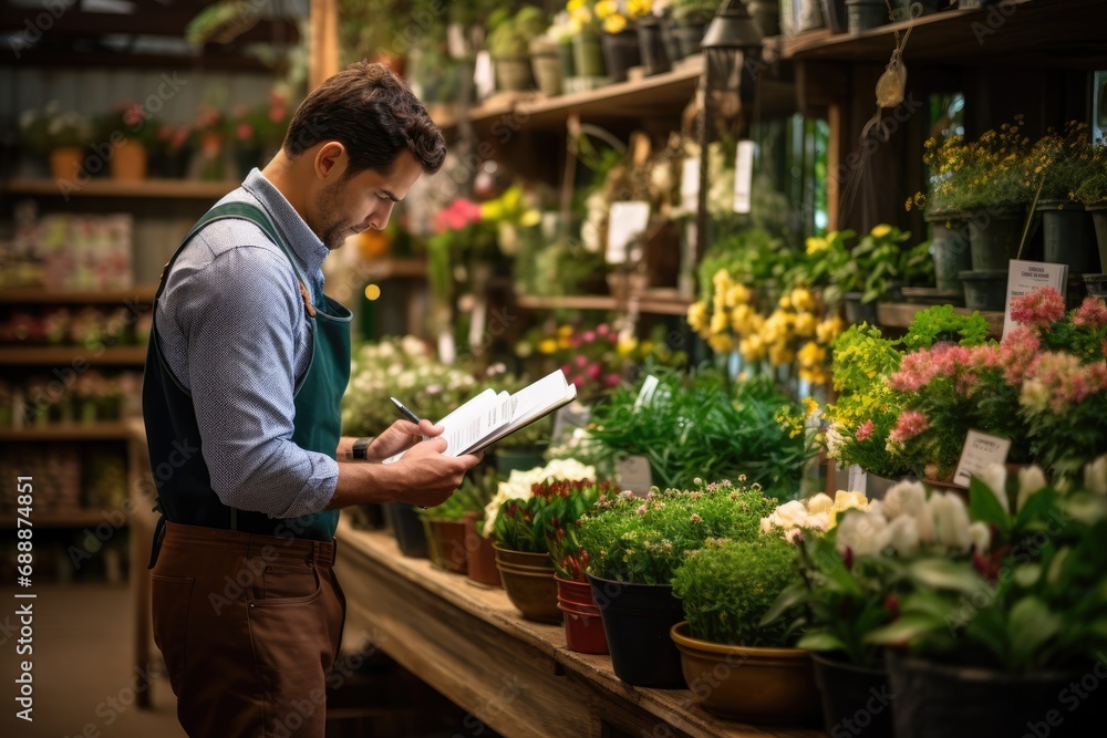 Business in Bloom: A Florist Engaged in Taking Notes and Conducting Inventory, Skillfully Managing Floral Arrangements in the Retail Space of the Flower Shop.
Business in Bloom: A Florist Engaged in Taking Notes and Conducting Inventory, Skillfully Managing Floral Arrangements in the Retail Space of the Flower Shop.