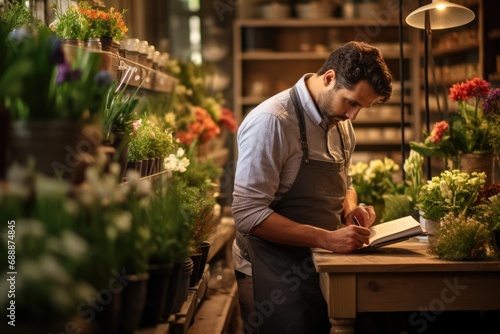 Business in Bloom: A Florist Engaged in Taking Notes and Conducting Inventory, Skillfully Managing Floral Arrangements in the Retail Space of the Flower Shop.