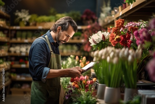 Business in Bloom: A Florist Engaged in Taking Notes and Conducting Inventory, Skillfully Managing Floral Arrangements in the Retail Space of the Flower Shop.   © Mr. Bolota