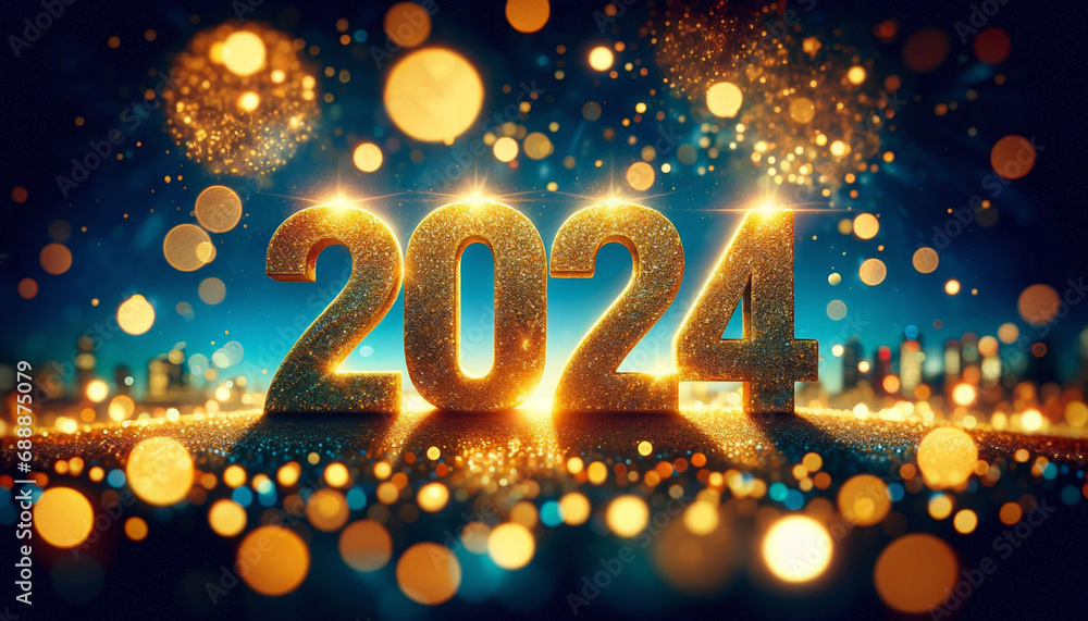 2024 New Year Celebration - Golden Number With Glitter At Blue Eve Night In Abstract Defocused Lights 2024 New Year Celebration - Golden Number With Glitter At Blue Eve Night In Abstract Defocused Lights