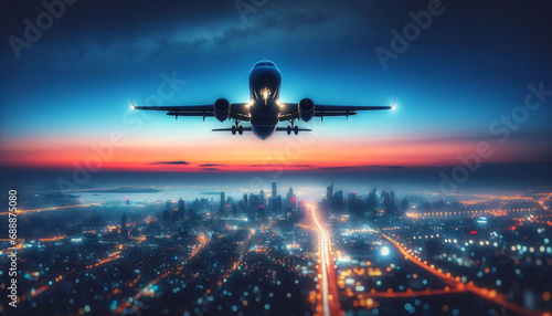 Airplane In Flight At Twilight With Blurred Cityscape