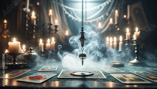 Cartomancy - Pendulum On Blurred Altar With Defocused-Tarot Cards And Smoke photo