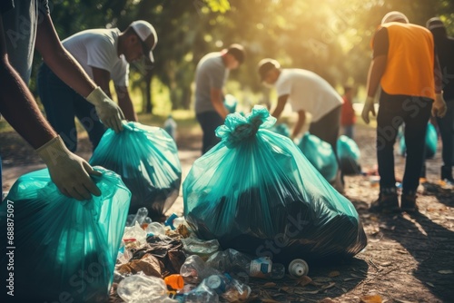 Eco Warriors: Volunteers Working Together, Collecting and Sorting Plastic Waste in a Park for Recycling - A Team Effort for Environmental Cleanup and Conservation.